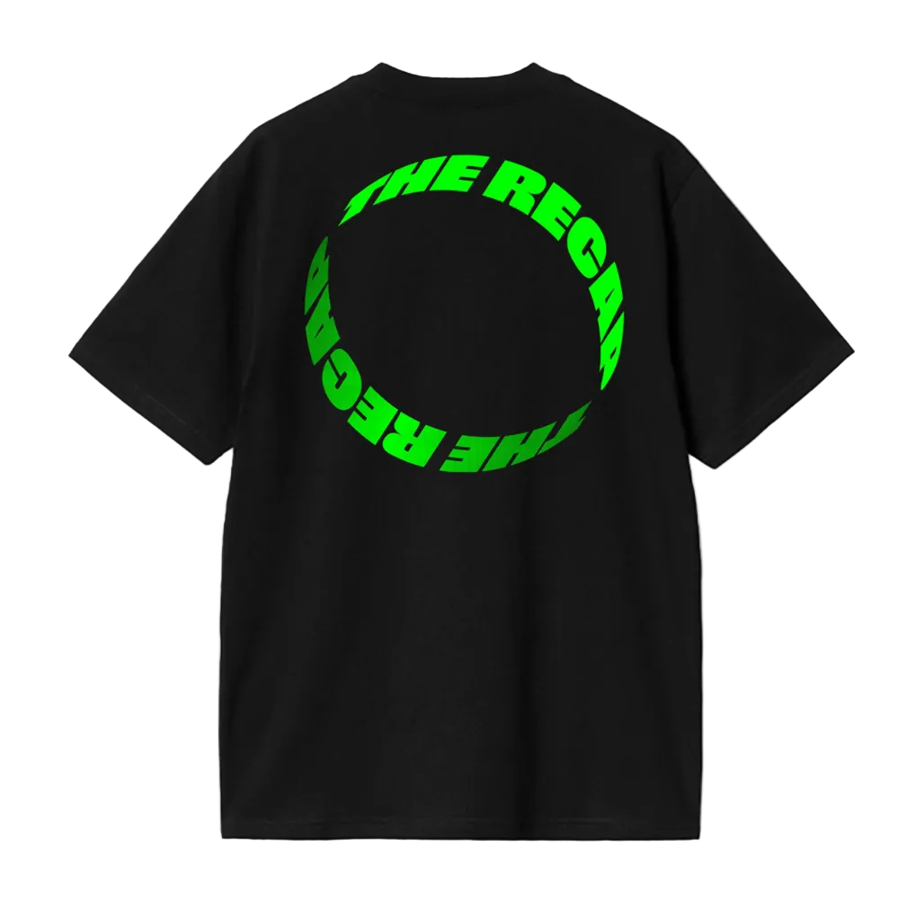 Black t-shirt with green text on the back against a white background