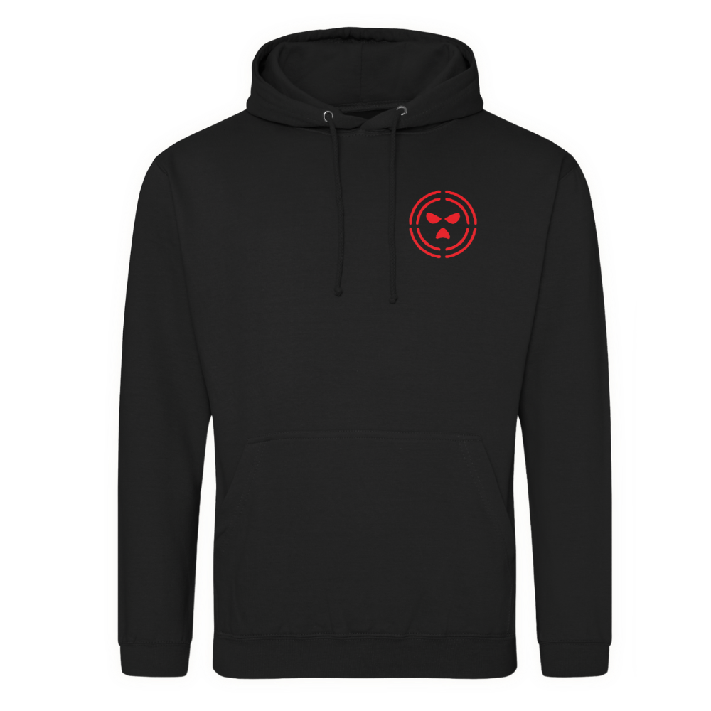 Black pullover hoodie with the Kneecap logo in red cross hairs