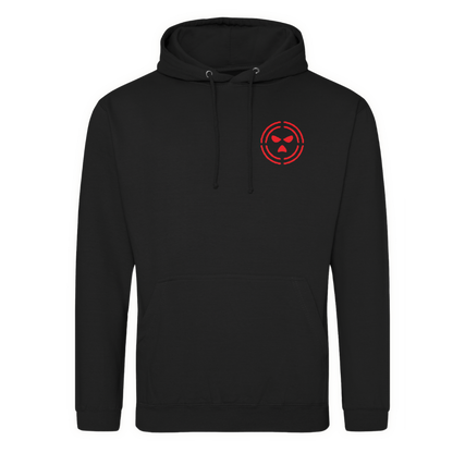 Black pullover hoodie with the Kneecap logo in red cross hairs