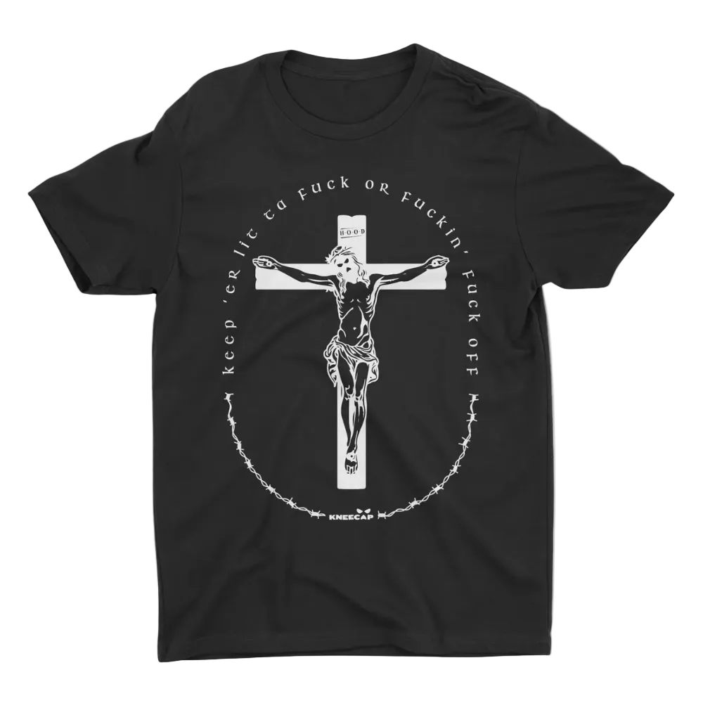 Black t-shirt with white graphic design on a white background