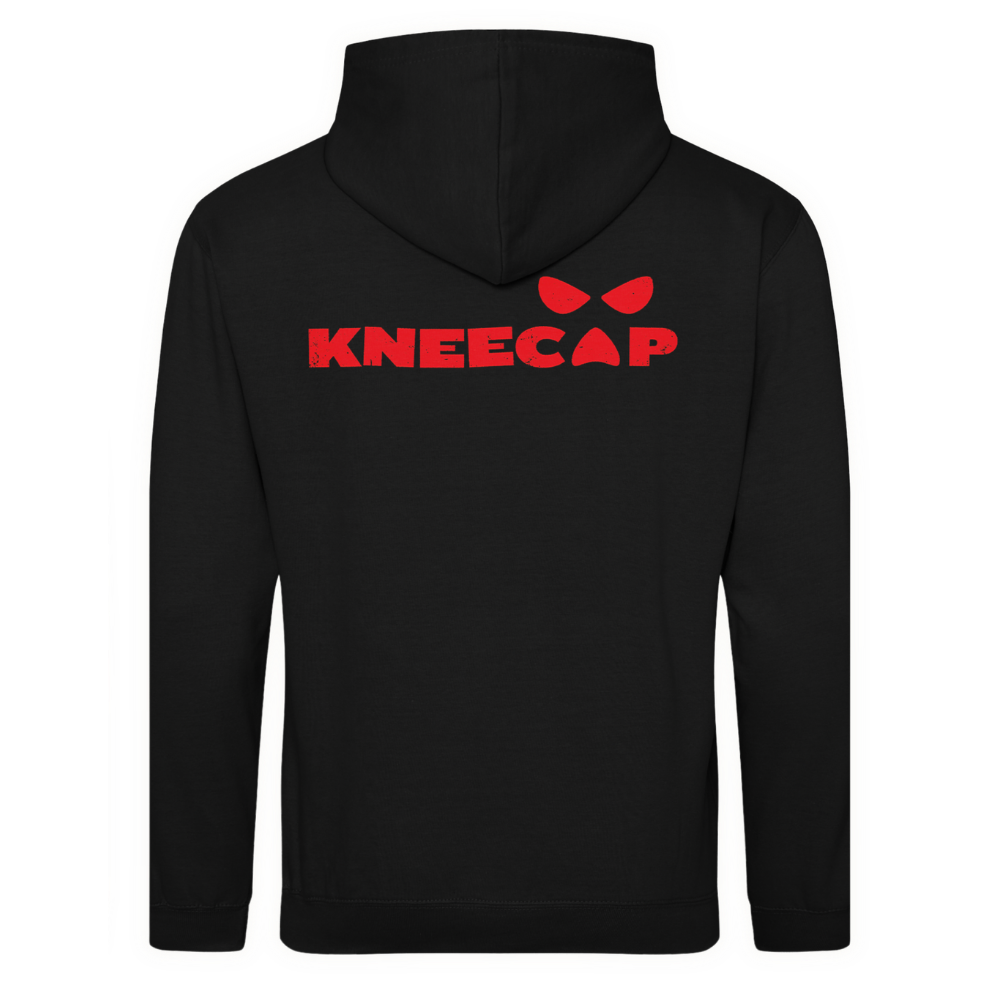 A black pullover hoodie shown from the back, featuring a bold red 'KNEECAP' logo and their logo across the upper back, set against a plain white background.