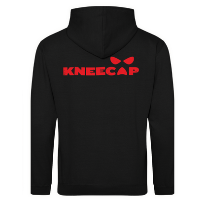 A black pullover hoodie shown from the back, featuring a bold red 'KNEECAP' logo and their logo across the upper back, set against a plain white background.