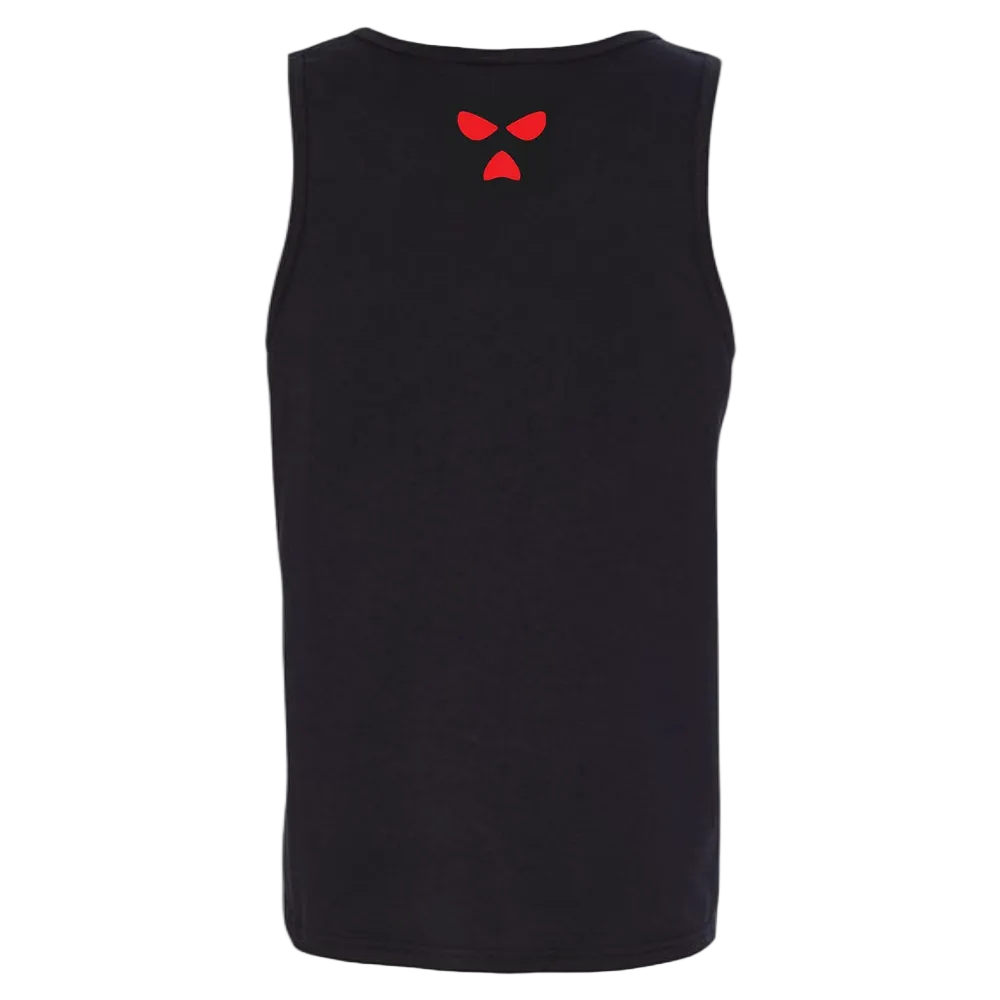 A black sleeveless tank top with a small red graphic of two eyes and a mustache on the upper back, displayed against a solid white background.