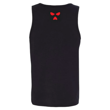 A black sleeveless tank top with a small red graphic of two eyes and a mustache on the upper back, displayed against a solid white background.