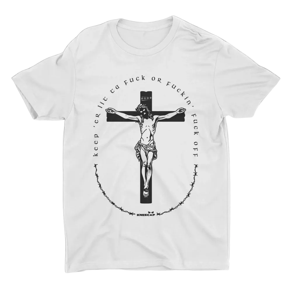 White t-shirt with a graphic design of a crucifixion scene and text on a white background