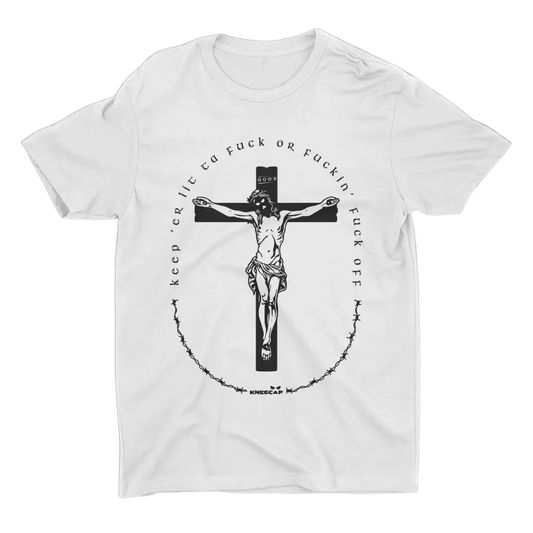 White t-shirt with a graphic design of a crucifixion scene and text on a white background