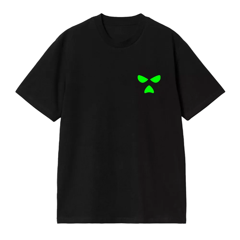 Black t-shirt with a green logo on a white background