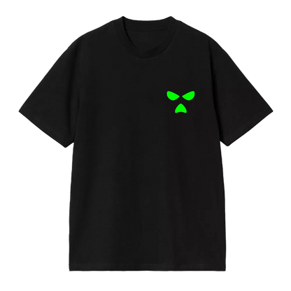 Black t-shirt with a green logo on a white background
