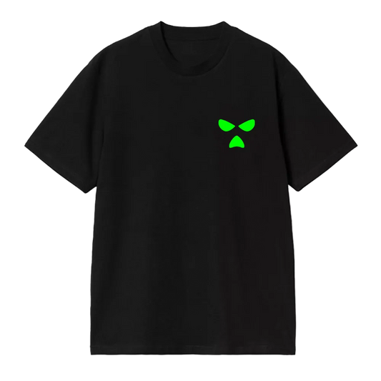 Black t-shirt with a green logo on a white background