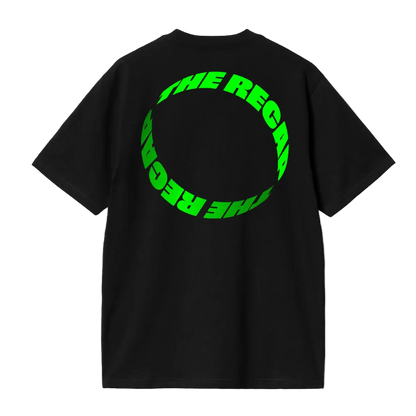 Black t-shirt with green text on the back against a white background