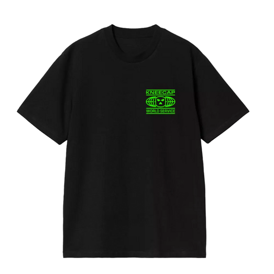 Black t-shirt with green logo on a white background