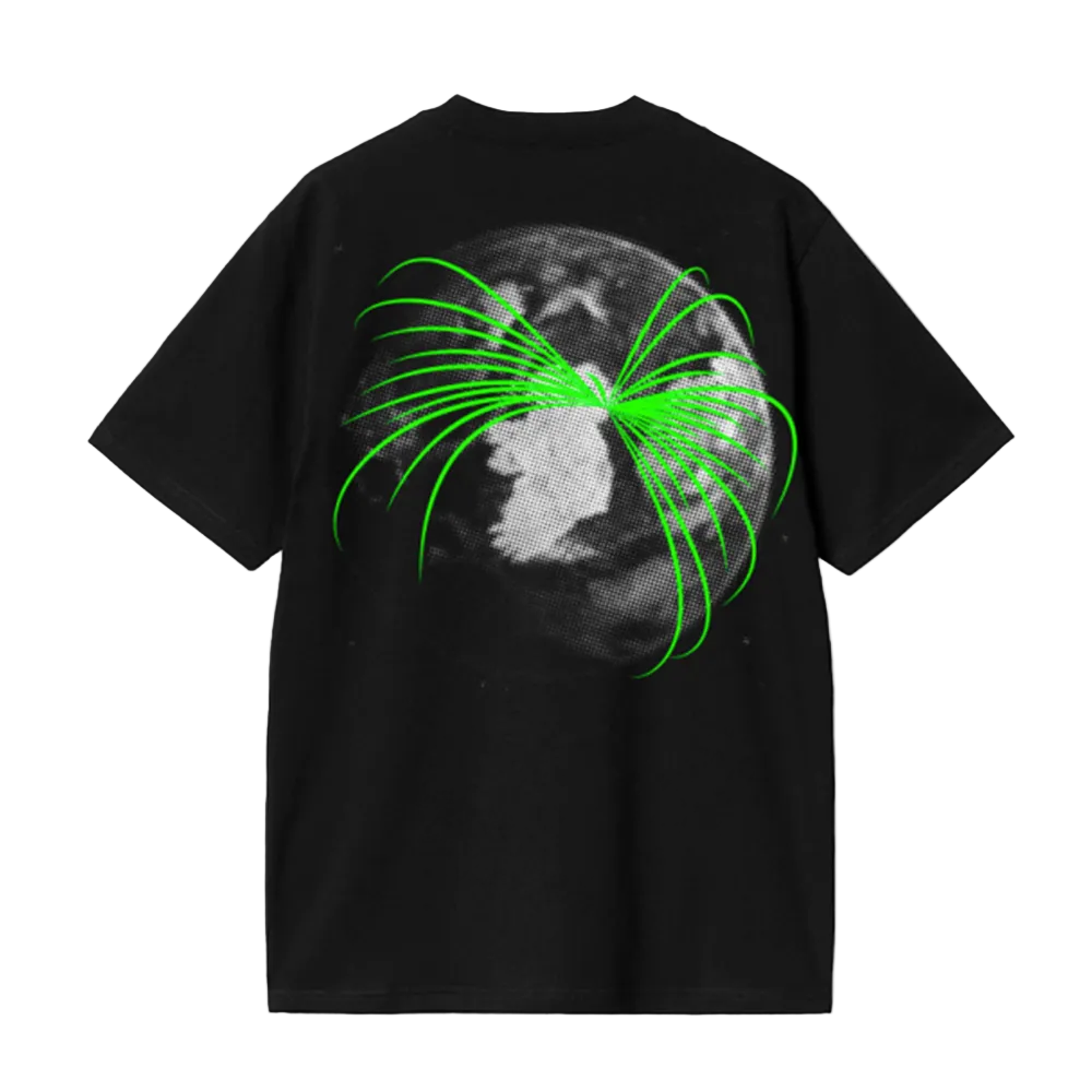 Black t-shirt with a green and gray graphic design on the back against a white background