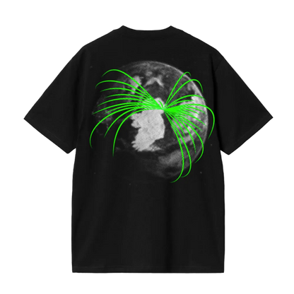 Black t-shirt with a green and gray graphic design on the back against a white background