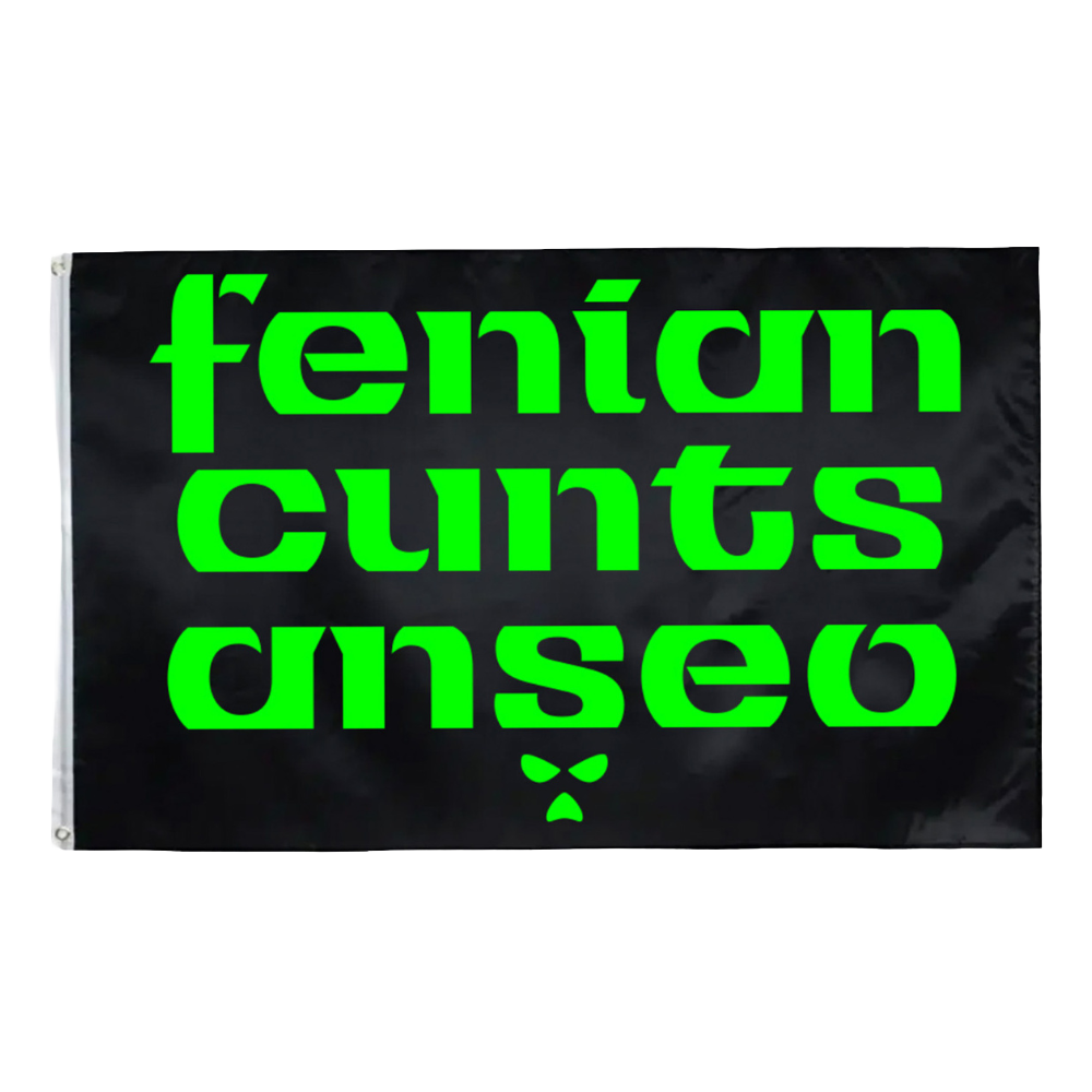 Black flag with green text on it
