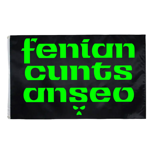 Black flag with green text on it
