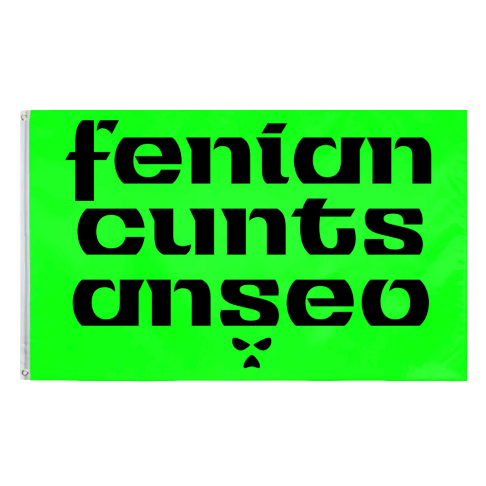 Green flag with black text on it