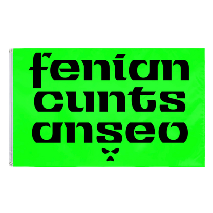 Green flag with black text on it